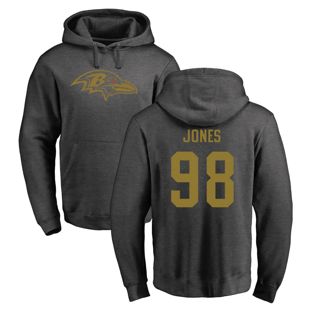 B.Ravens #98 Travis Jones Player Gray LOGO Pullover Hoodie CBdoa Stitched Jerseys