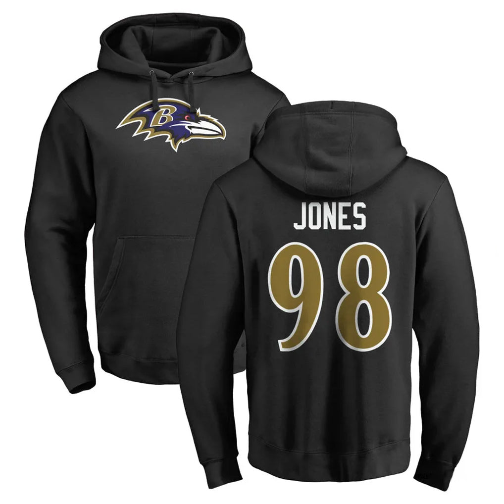 B.Ravens #98 Travis Jones Player Black Pullover Hoodie CBdoa Stitched Jerseys