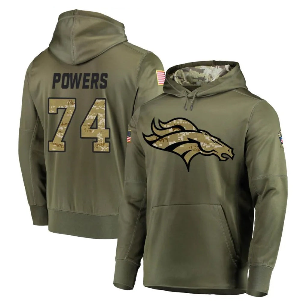 D.Broncos #74 Ben Powers Player Olive Salute to Service Pullover Hoodies Home Game CBdoa Stitched Jerseys