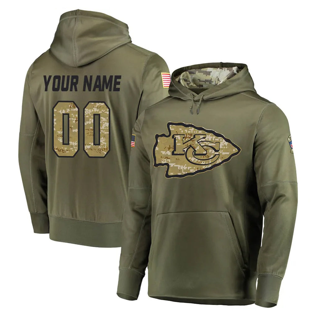 Custom KC.Chiefs Olive Salute to Service Pullover Hoodies Home Game Any Name & Numbers CBdoa Stitched Jerseys