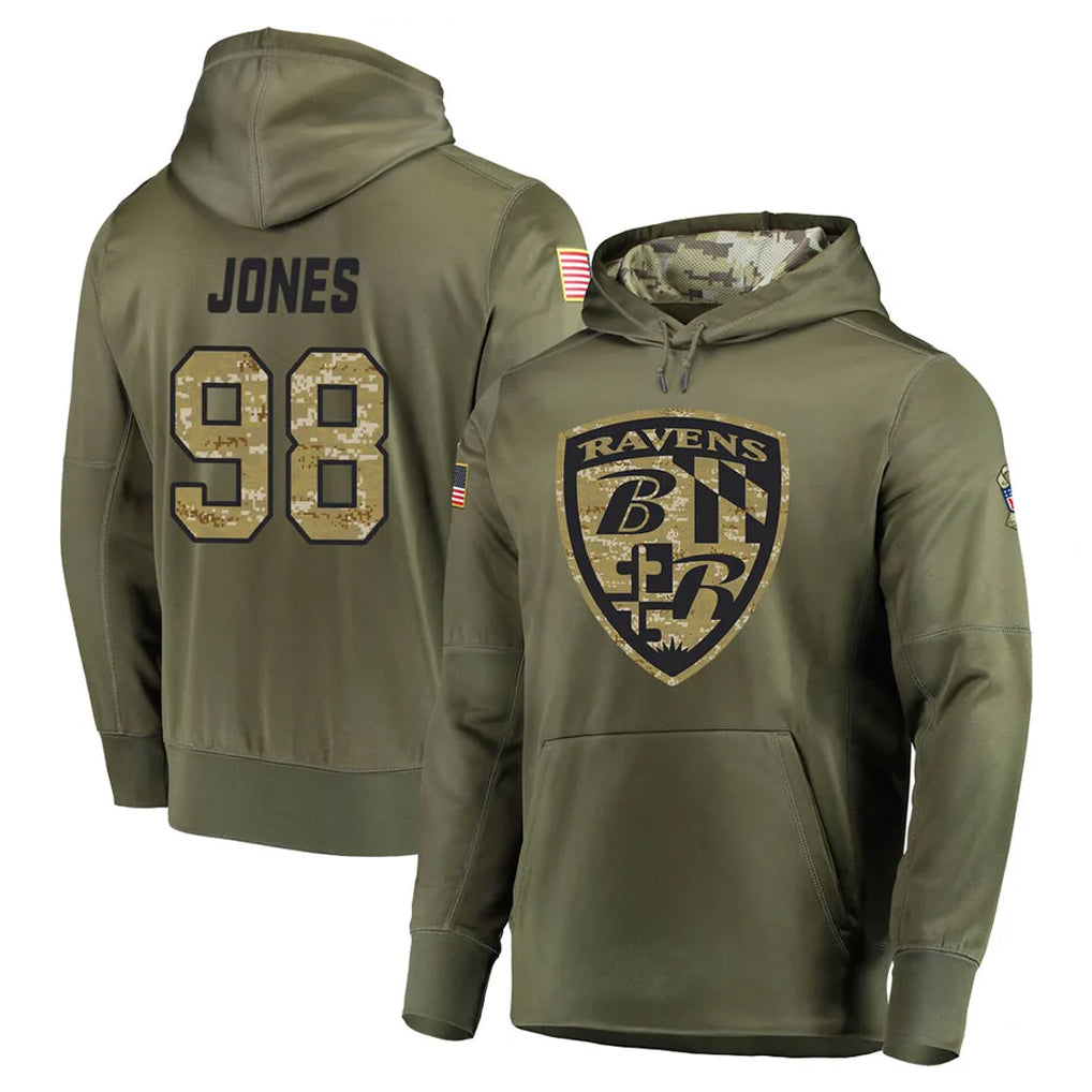 B.Ravens #98 Travis Jones Player Olive Salute to Service Pullover Hoodie CBdoa Stitched Jerseys