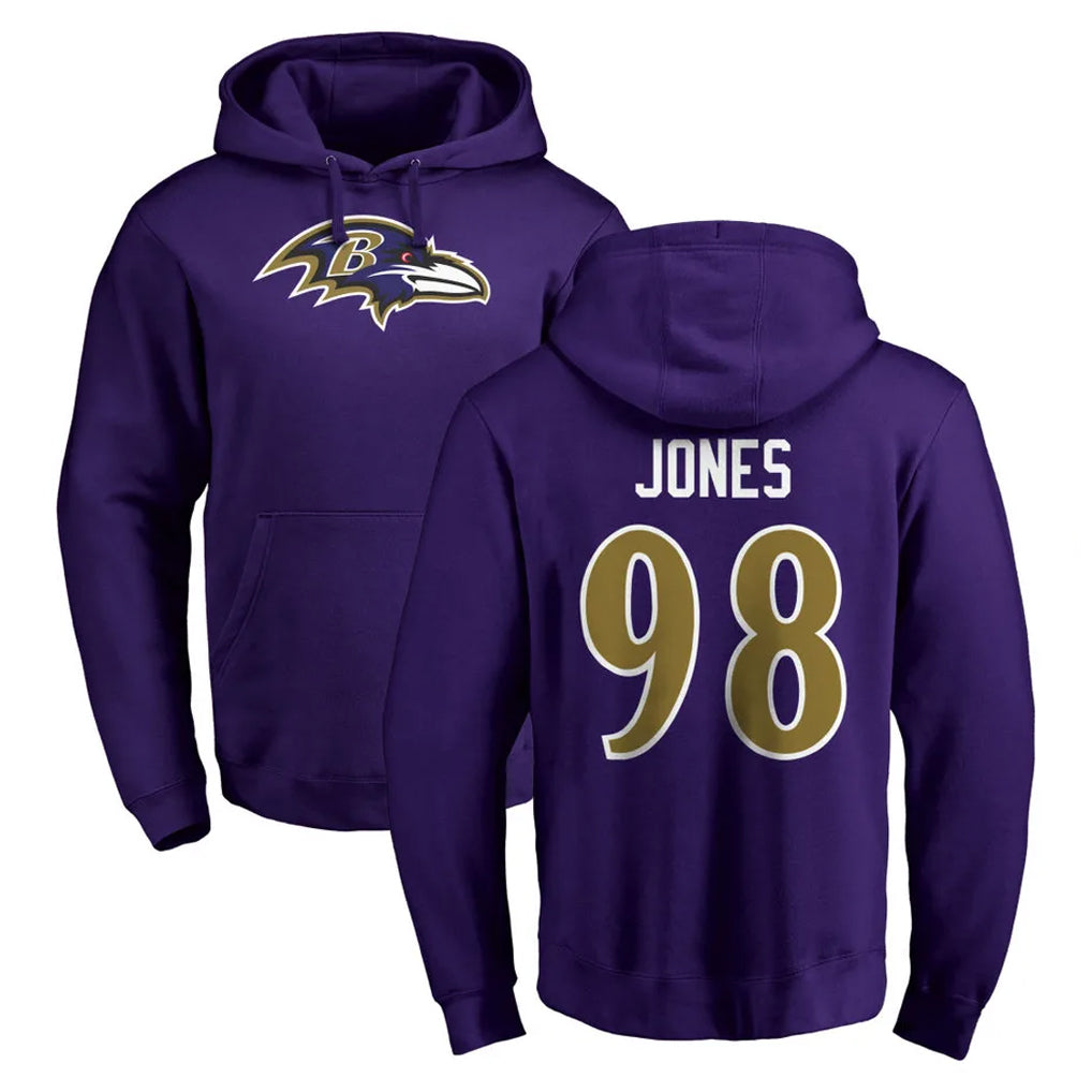 B.Ravens #98 Travis Jones Player Purple Salute to Service Pullover Hoodie CBdoa Stitched Jerseys