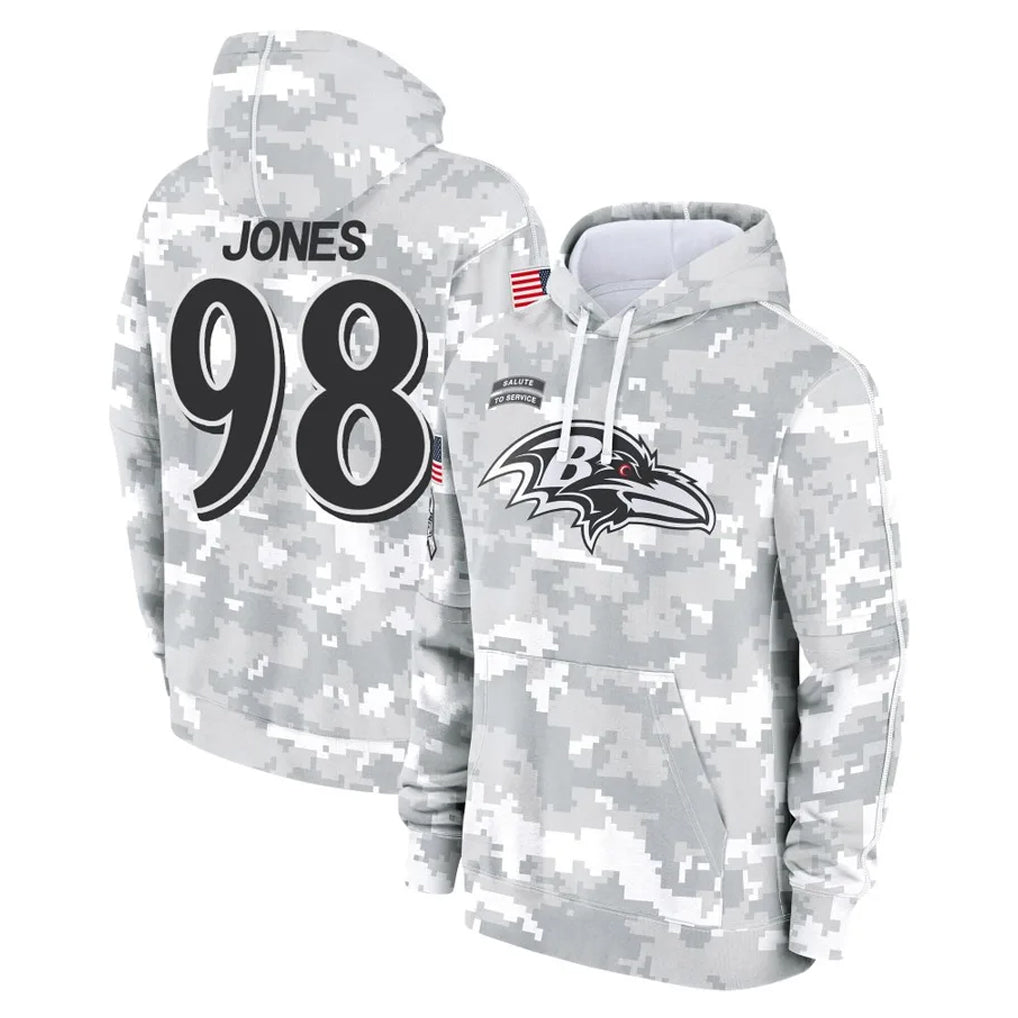B.Ravens #98 Travis Jones Player Arctic Camo Salute to Service Pullover Hoodie CBdoa Stitched Jerseys
