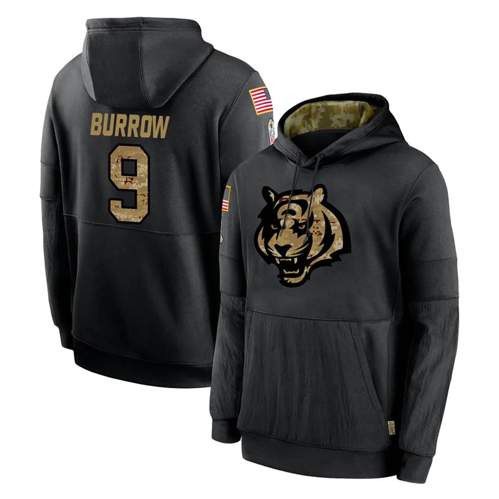 CBdoa C.Bengals #9 Joe Burrow Player Black Salute to Service Pullover Hoodies Limited Stitched Jerseys