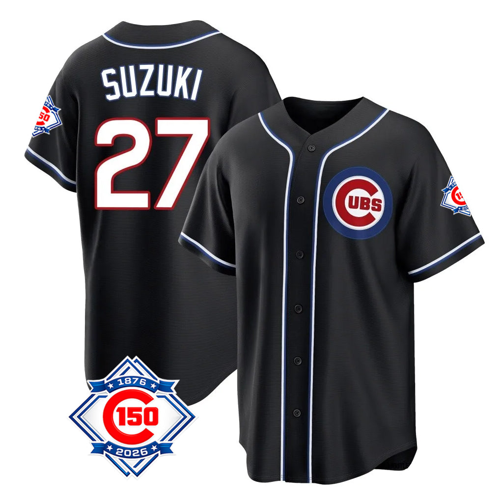 CBdoa C.Cubs #27 Seiya Suzuki Player Black Fashion Out 150th Anniversary Game Stitched Jerseys