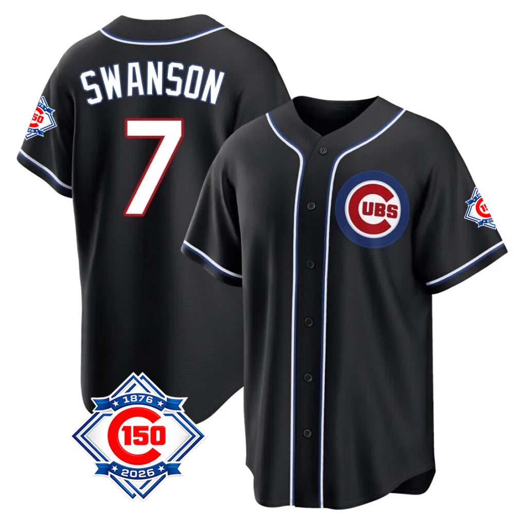 CBdoa C.Cubs #7 Dansby Swanson Player Black Fashion Out 150th Anniversary Game Stitched Jerseys