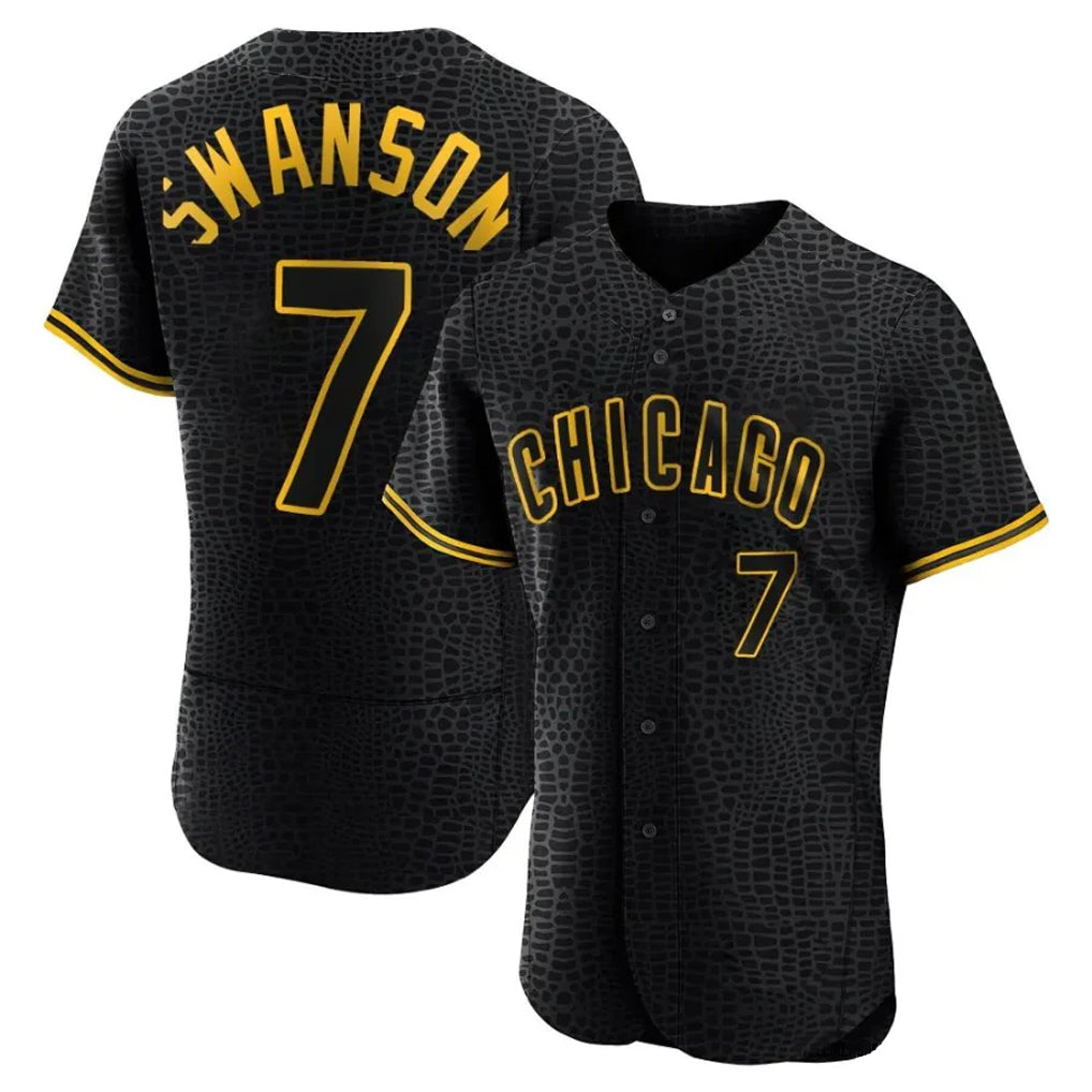 CBdoa C.Cubs #7 Dansby Swanson Player Black Snake Skin City Limited Elite Home Game Stitched Jerseys