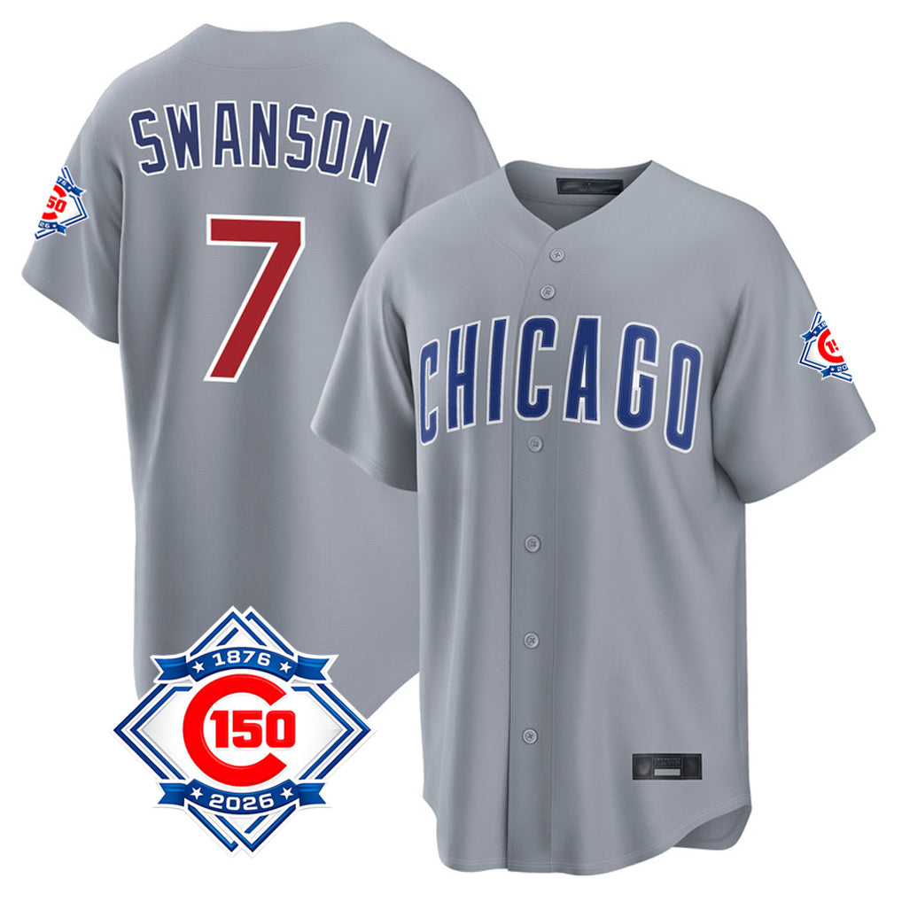 CBdoa C.Cubs #7 Dansby Swanson Player Gray 150th Anniversary Home Game Stitched Jerseys