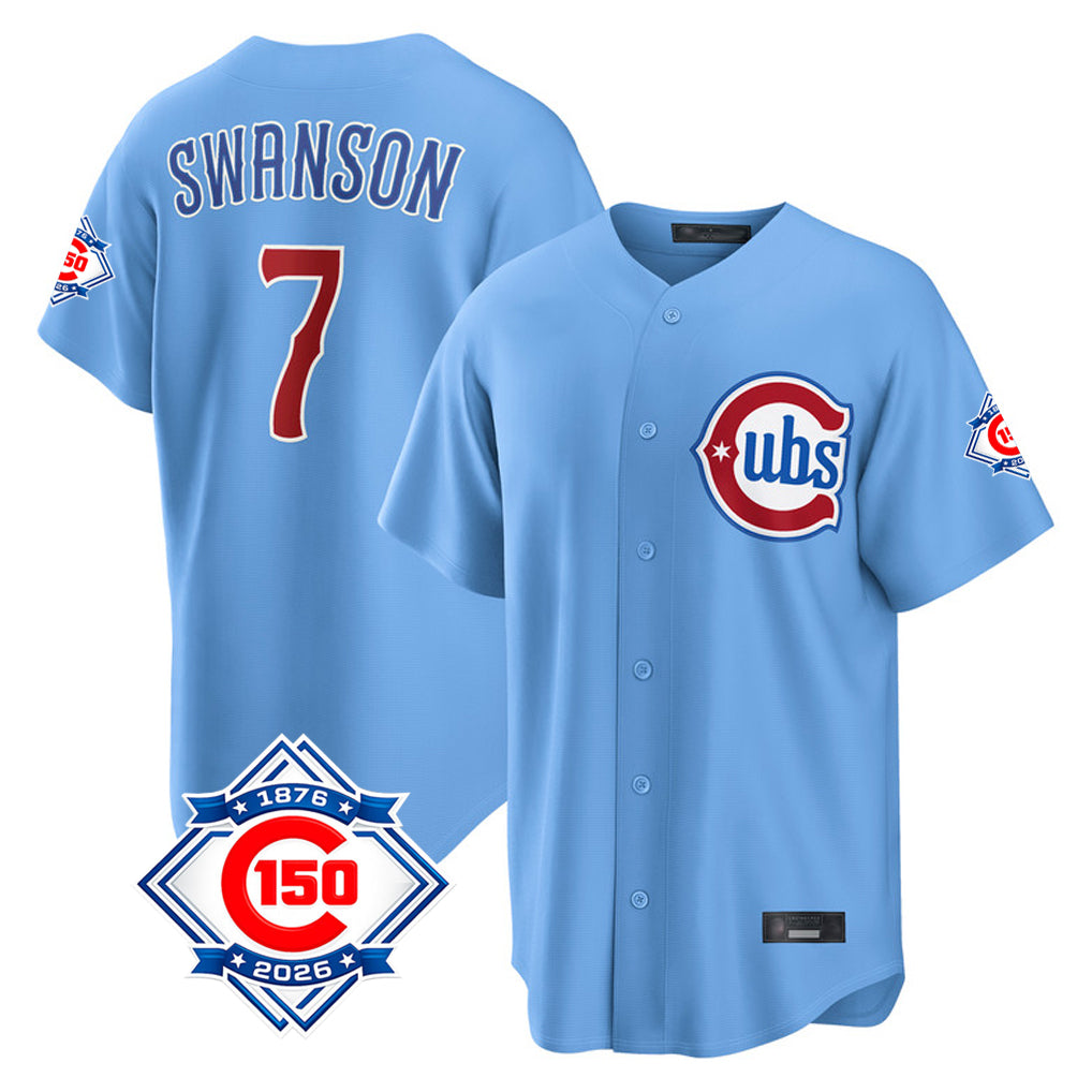 CBdoa C.Cubs #7 Dansby Swanson Player Light Blue 150th Anniversary Home Game Stitched Jerseys