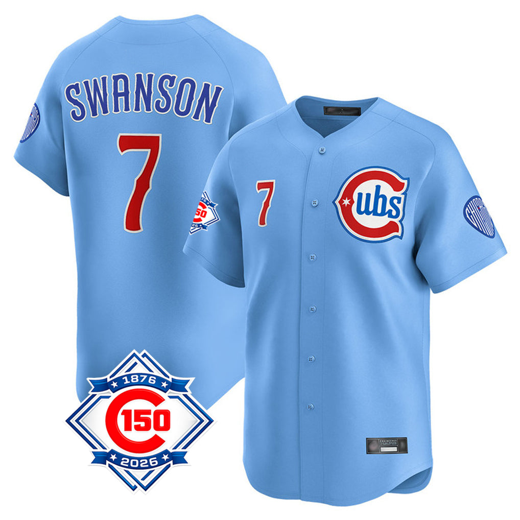 CBdoa C.Cubs #7 Dansby Swanson Player Light Blue 150th Anniversary Limited Home Stitched Jerseys