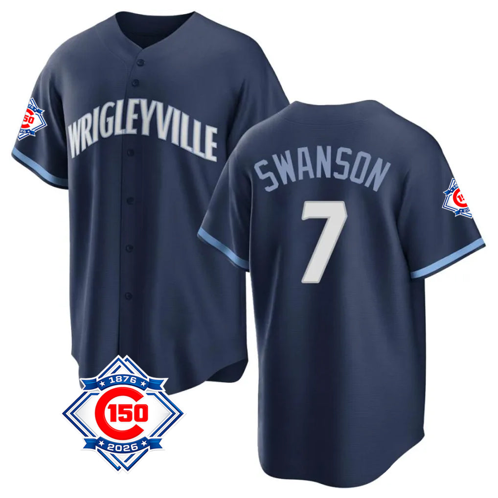CBdoa C.Cubs #7 Dansby Swanson Player Navy 150th Anniversary City Connect Home Game Stitched Jerseys