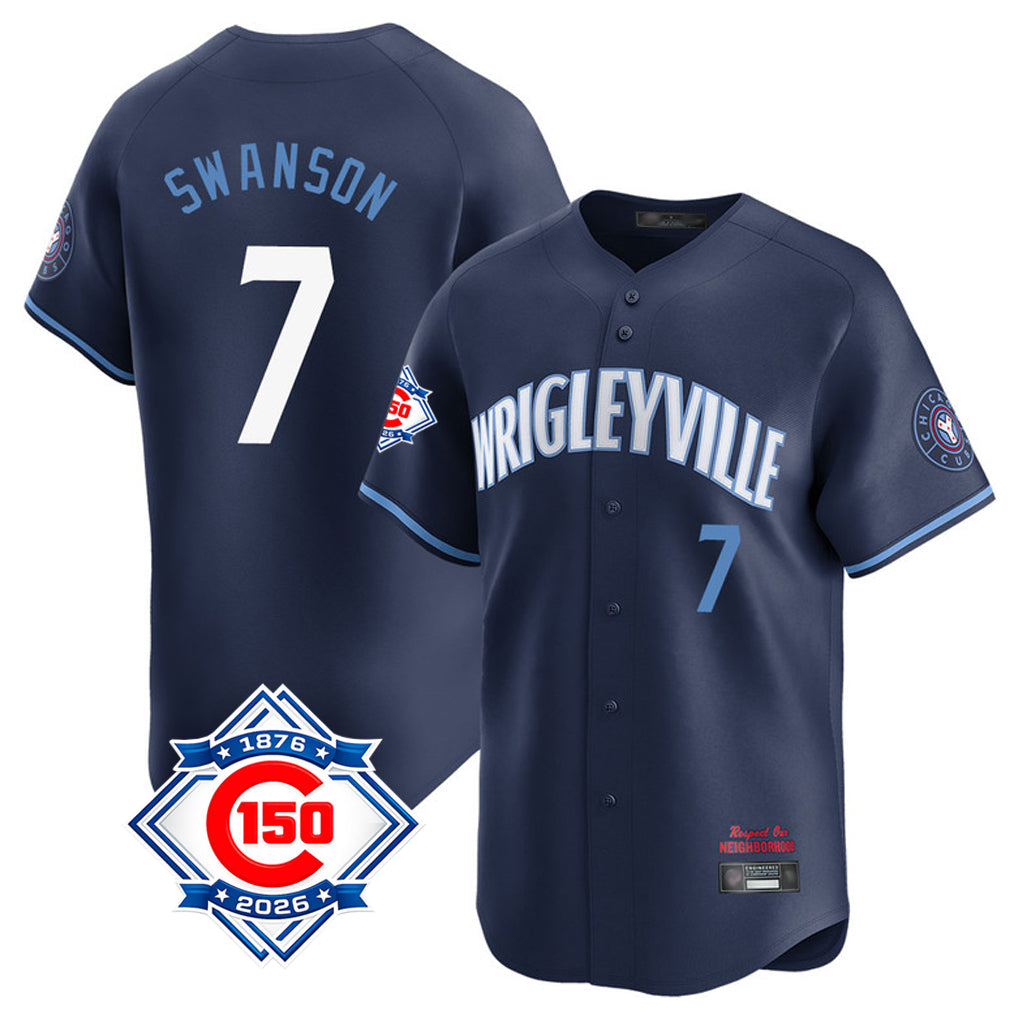 CBdoa C.Cubs #7 Dansby Swanson Player Navy City Connect 150th Anniversary Limited Home Stitched Jerseys