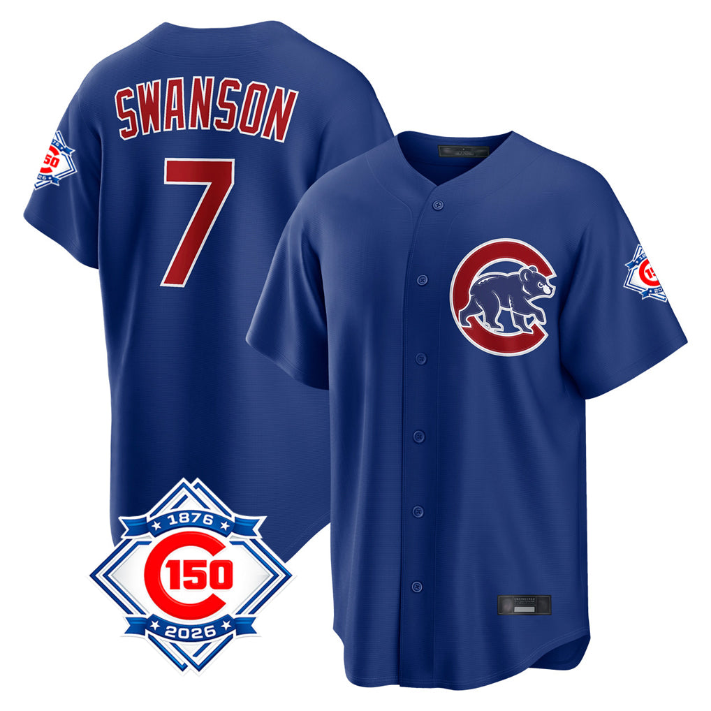 CBdoa C.Cubs #7 Dansby Swanson Player Royal 150th Anniversary Home Game Stitched Jerseys