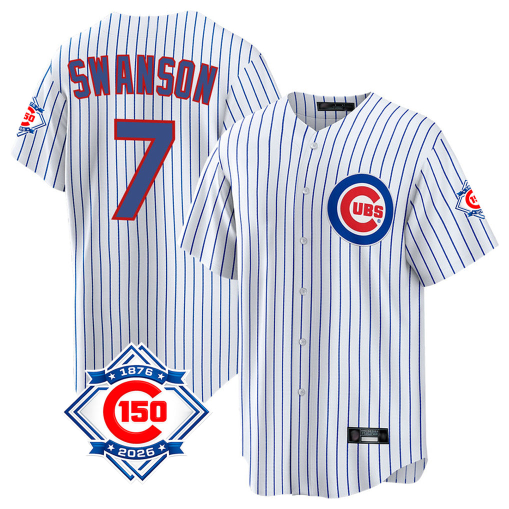CBdoa C.Cubs #7 Dansby Swanson Player White 150th Anniversary Home Game Stitched Jerseys