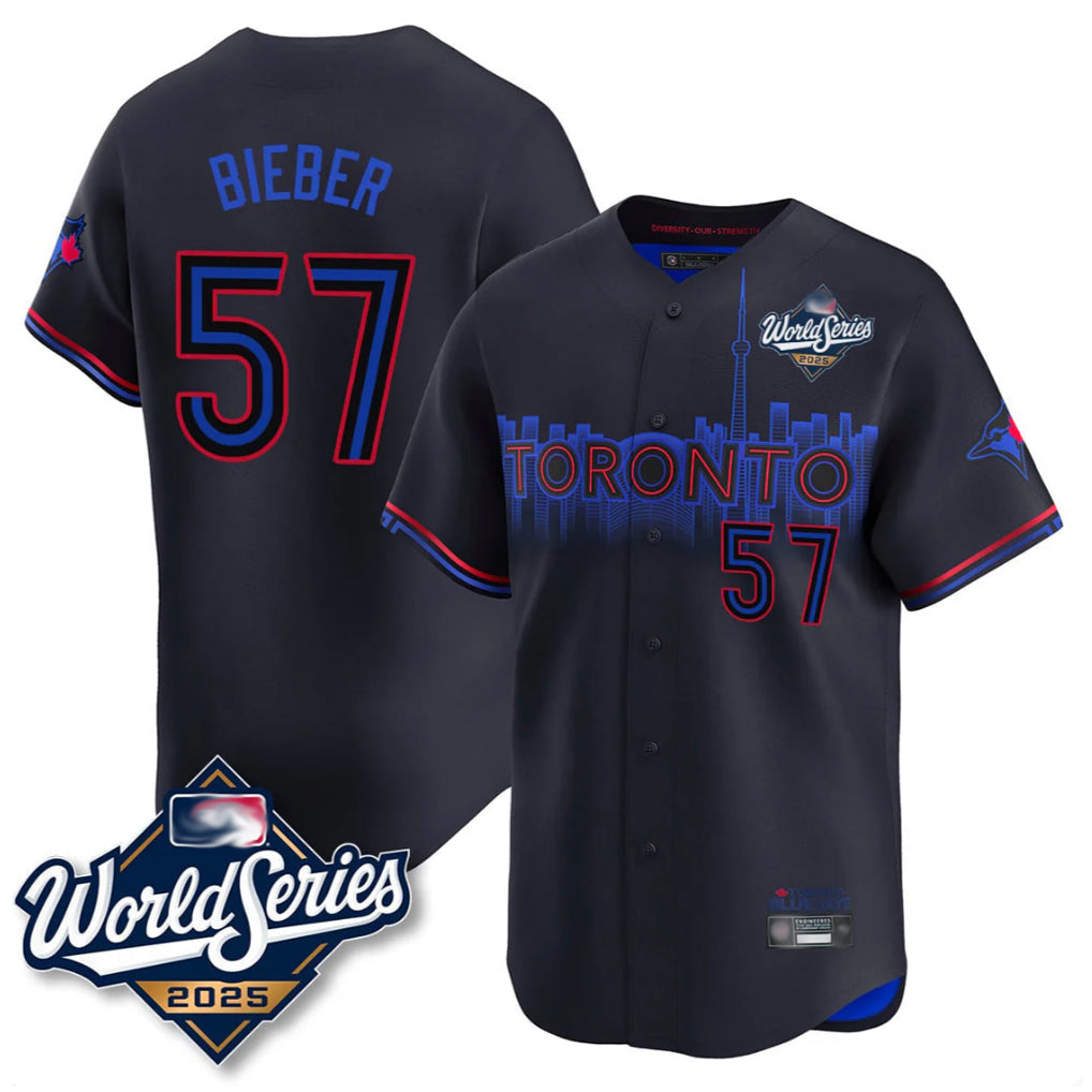 CBdoa T.Blue Jays #57 Shane Bieber Player Black 2025 World Series City Connect All Stitched Jerseys