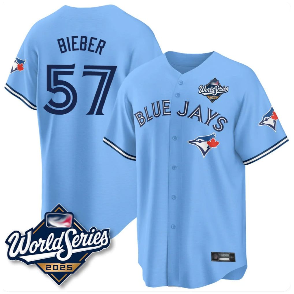 CBdoa T.Blue Jays #57 Shane Bieber Player Blue 2025 World Series All Stitched Jerseys