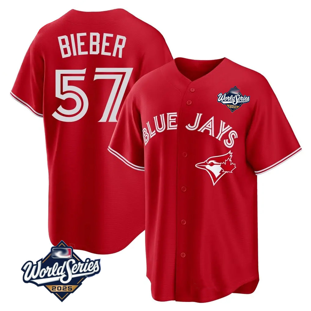 CBdoa T.Blue Jays #57 Shane Bieber Player Red 2025 World Series All Stitched Jerseys