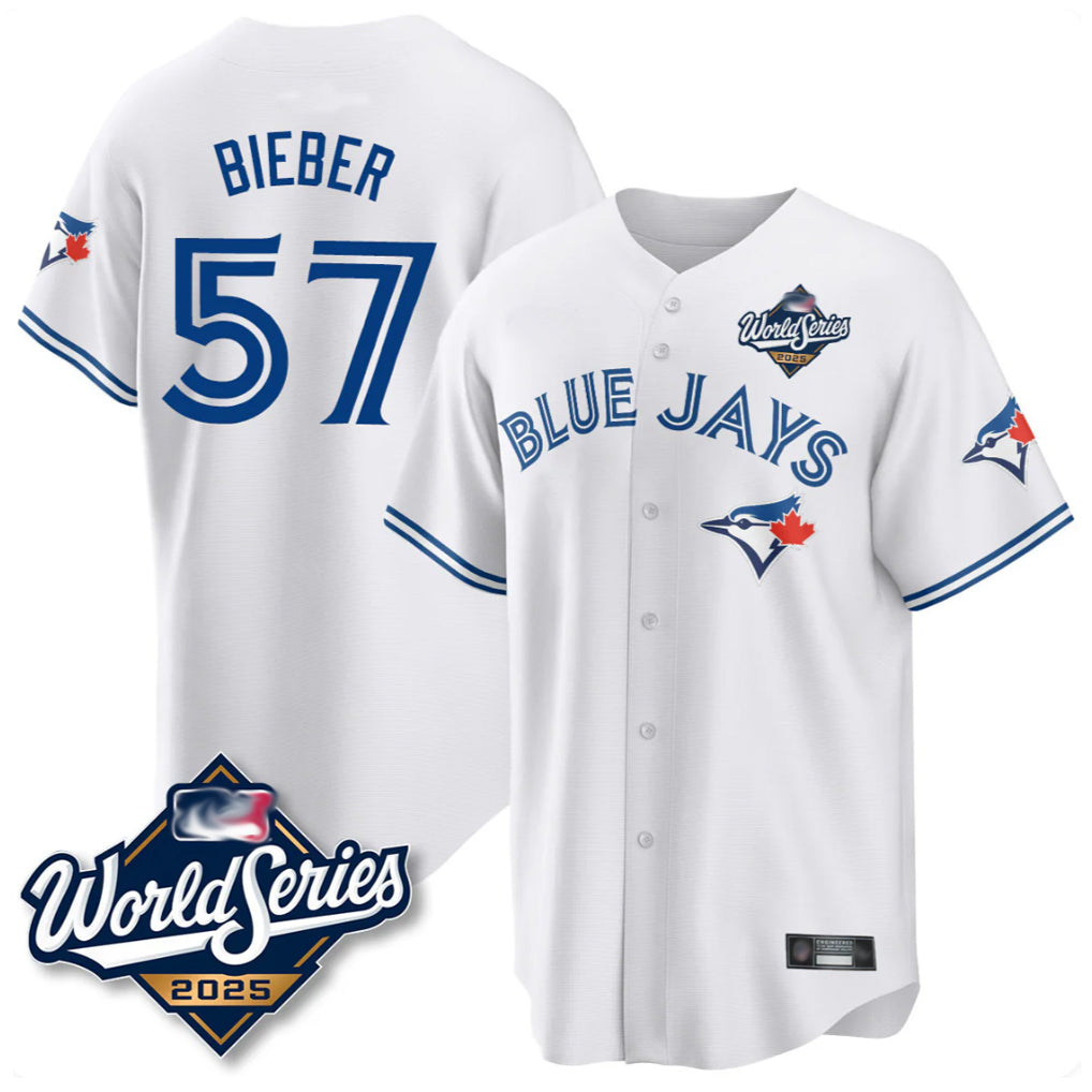 CBdoa T.Blue Jays #57 Shane Bieber Player White 2025 World Series All Stitched Jerseys