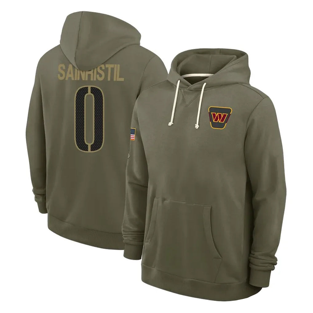 CBdoa W.Commanders #0 Mike Sainristil Player Olive Salute to Service Pullover Hoodies Limited Home Stitched Jerseys