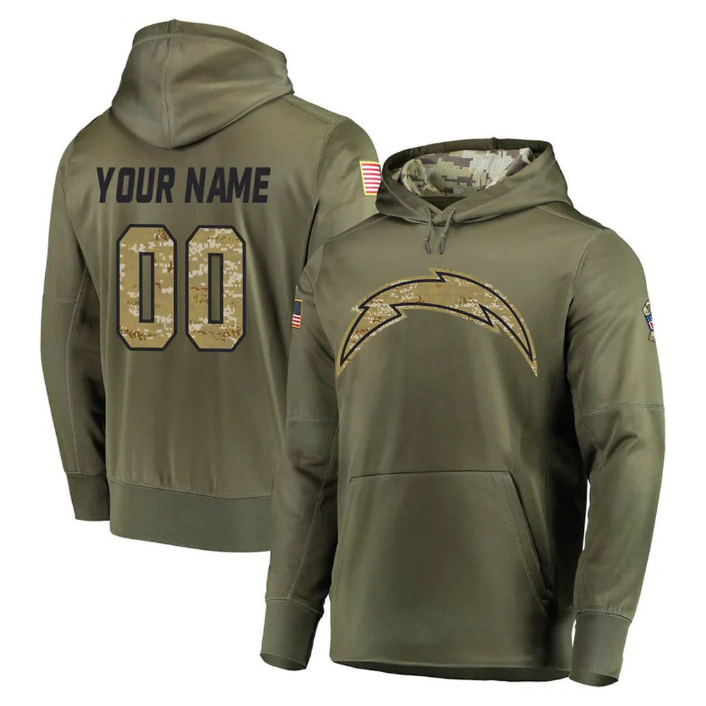 Custom LA.Chargers Olive Salute to Service Pullover Hoodies Home Game Any Name & Numbers CBdoa Stitched Jerseys