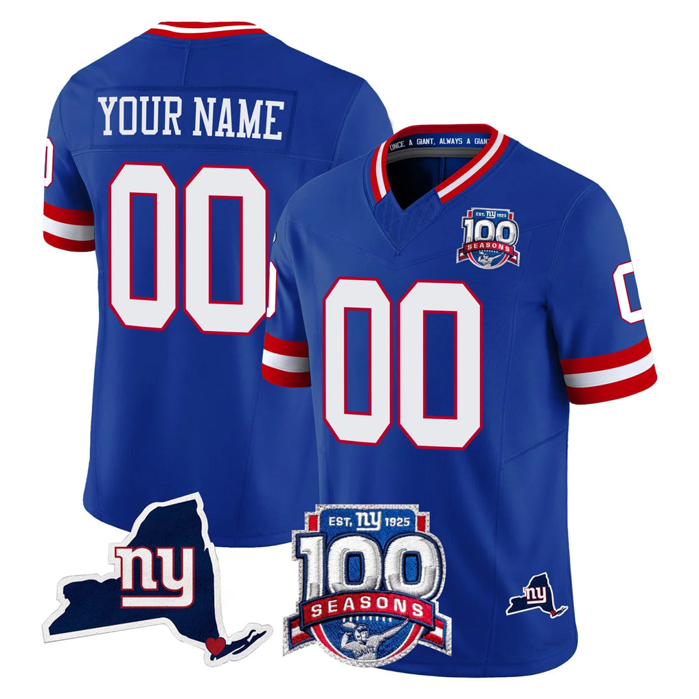 Custom NY.Giants Royal 100th Season & State Patch Vapor Limited Home Game Any Name & Numbers CBdoa Stitched Jerseys