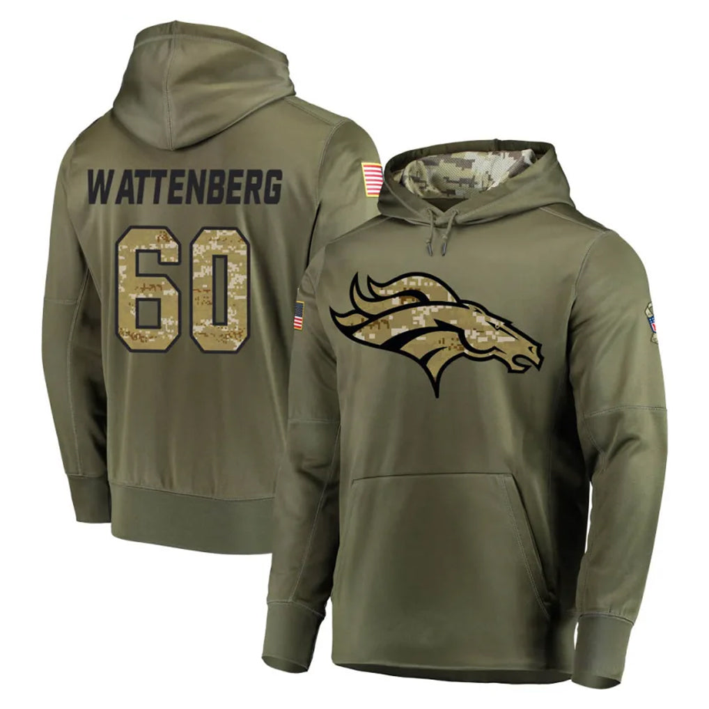 D.Broncos #60 Luke Wattenberg Player Olive Salute to Service Pullover Hoodies Home Game CBdoa Stitched Jerseys