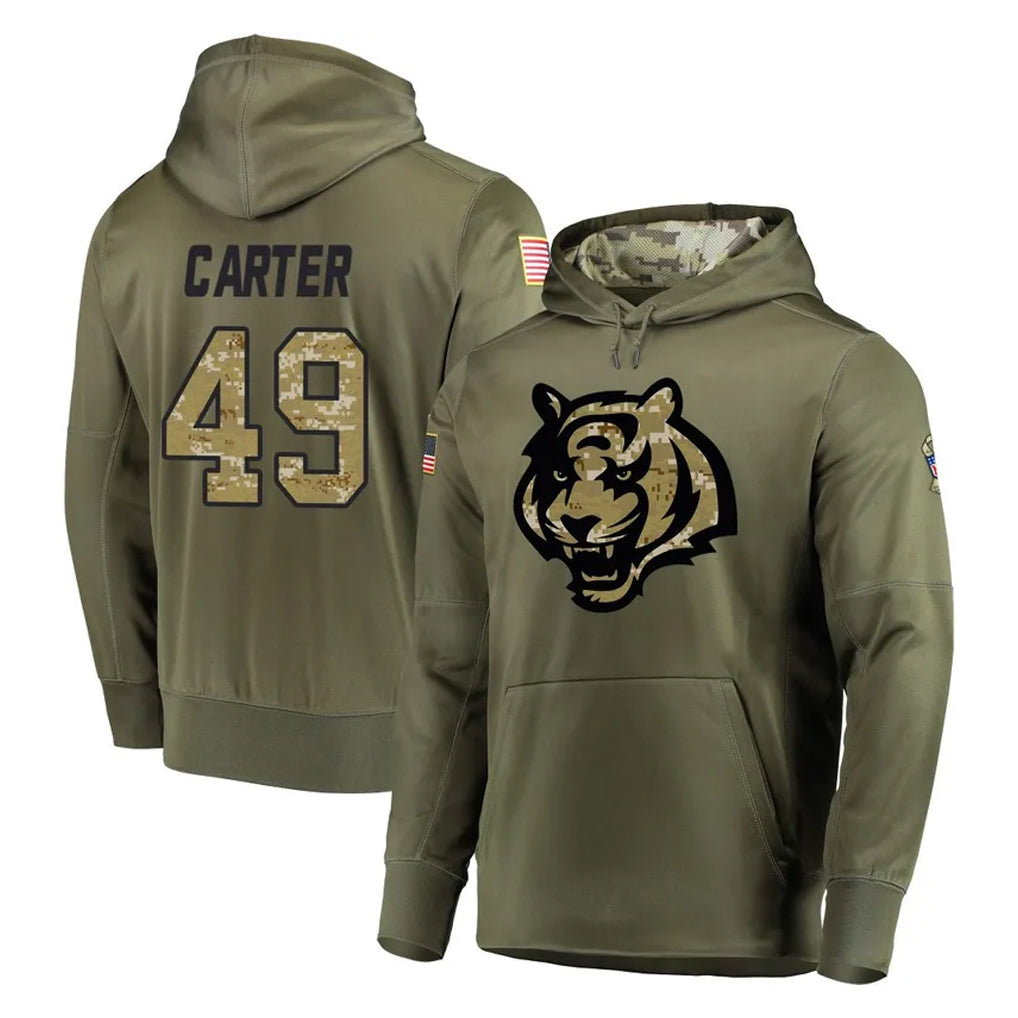 C.Bengals #49 Barrett Carter Player Olive Salute to Service Pullover Hoodies Home Game CBdoa Stitched Jerseys