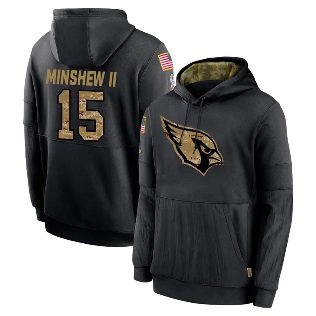 A.Cardinals #15 Gardner Minshew II Player Black Salute to Service Sideline Performance Pullover Hoodies Home Game CBdoa Stitched Jerseys