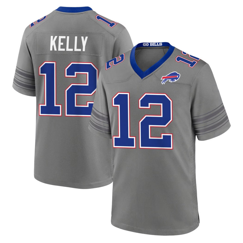 B.Bills #12 Jim Kelly Player Gray Nickel City Home Game CBdoa Stitched Jerseys